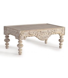 MESA DE CENTRO 110 X 60 X 46 TRENEO MADERA TALLADA BLANQUEADA