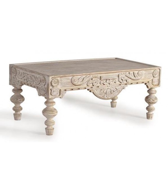 MESA DE CENTRO 110 X 60 X 46 TRENEO MADERA TALLADA BLANQUEADA