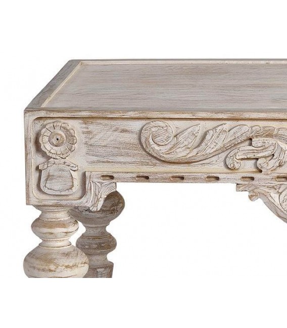 MESA DE CENTRO 110 X 60 X 46 TRENEO MADERA TALLADA BLANQUEADA