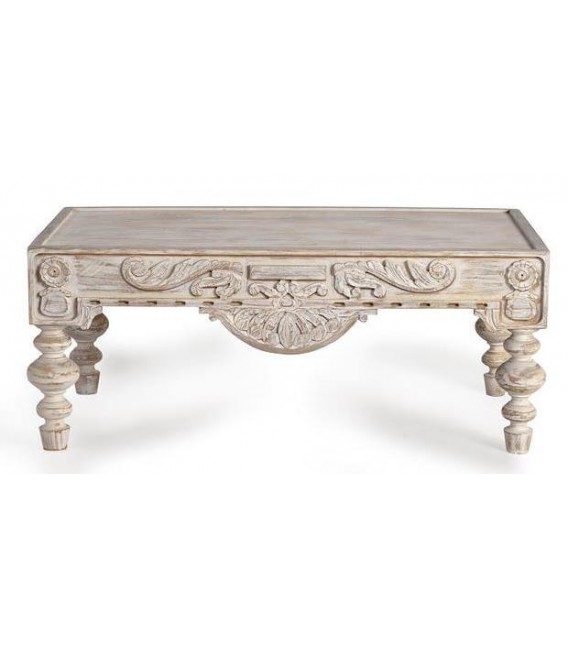 MESA DE CENTRO 110 X 60 X 46 TRENEO MADERA TALLADA BLANQUEADA