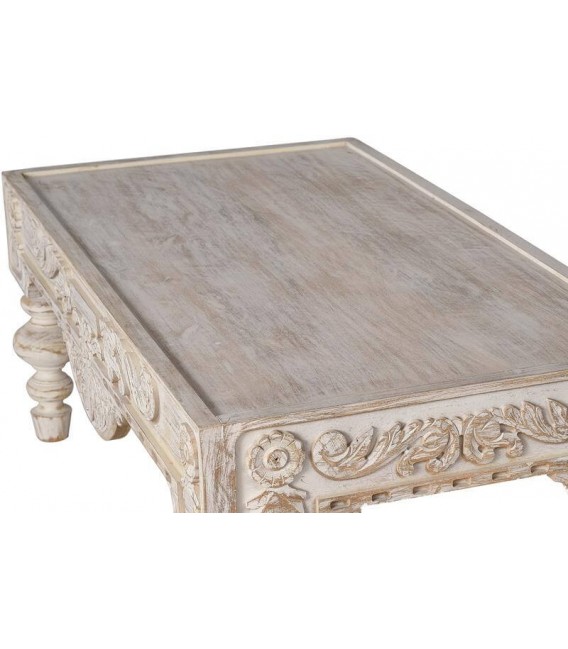 MESA DE CENTRO 110 X 60 X 46 TRENEO MADERA TALLADA BLANQUEADA