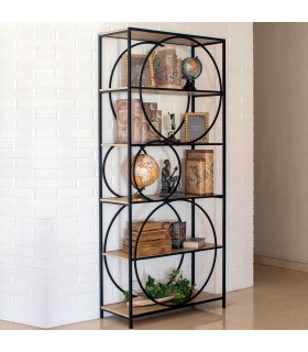 Estantería industrial con aros en metal negro y madera natural Mdmhogar