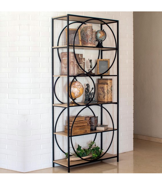 Estantería industrial con aros en metal negro y madera natural Mdmhogar
