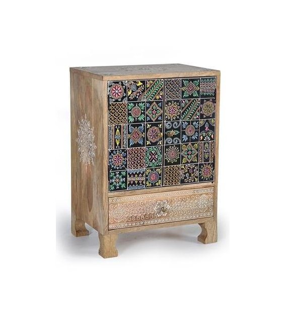 MESITA DE NOCHE 43 X 30 X 60 TURKEY MADERA NATURAL PINTADA A MANO