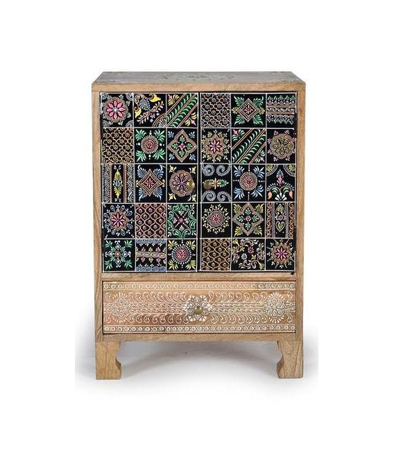 MESITA DE NOCHE 43 X 30 X 60 TURKEY MADERA NATURAL PINTADA A MANO