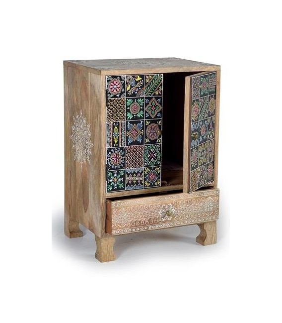MESITA DE NOCHE 43 X 30 X 60 TURKEY MADERA NATURAL PINTADA A MANO