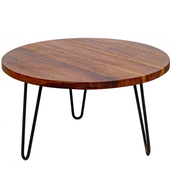 Mesa centro redonda pequeña madera acacia nogal patas metal negro