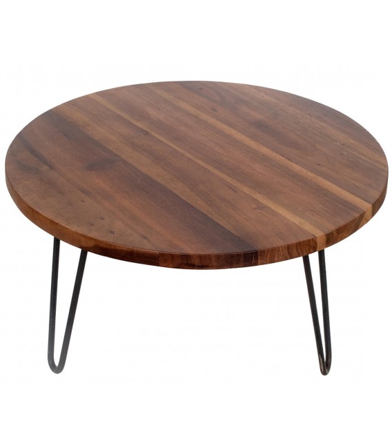 Mesa centro redonda pequeña madera acacia nogal patas metal negro 1