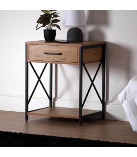 Mesita de noche industrial con cajón, madera y metal negro. Mdmhogar