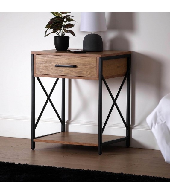 Mesita de noche industrial con cajón, madera y metal negro. Mdmhogar