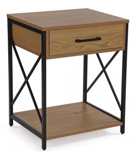 Mesita de noche industrial con cajón, madera y metal negro. Mdmhogar1