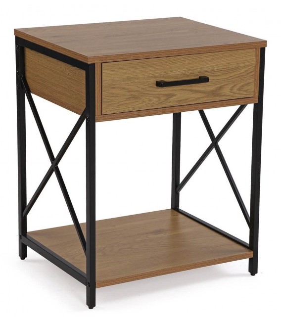 Mesita de noche industrial con cajón, madera y metal negro. Mdmhogar1