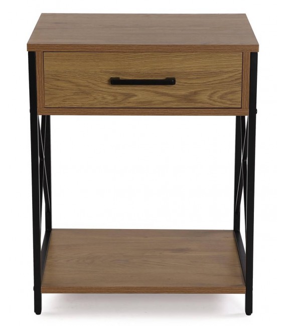 Mesita de noche industrial con cajón, madera y metal negro. Mdmhogar2