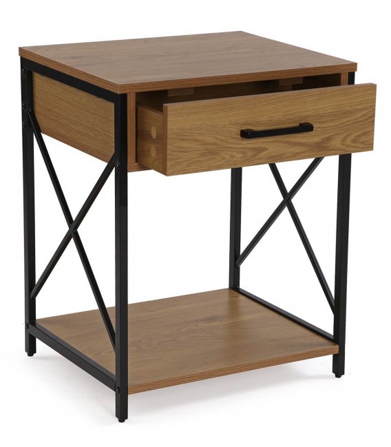 Mesita de noche industrial con cajón, madera y metal negro. Mdmhogar3