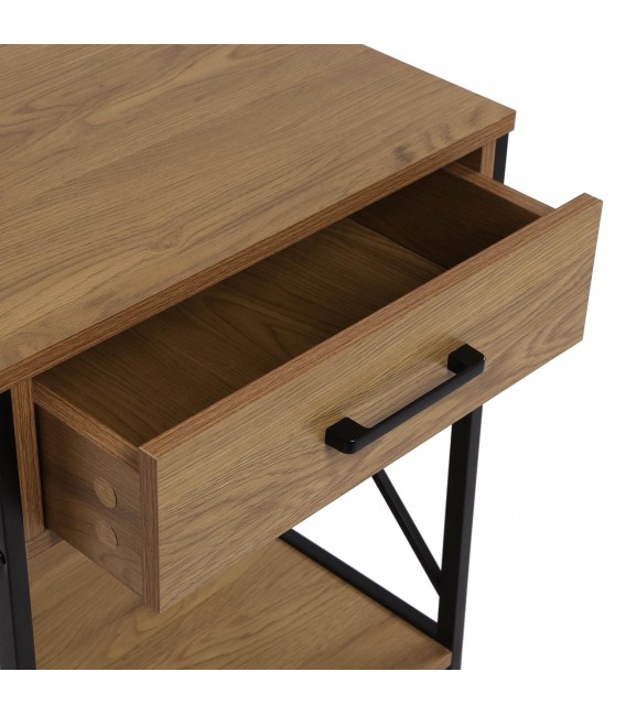 Mesita de noche industrial con cajón, madera y metal negro. Mdmhogar4