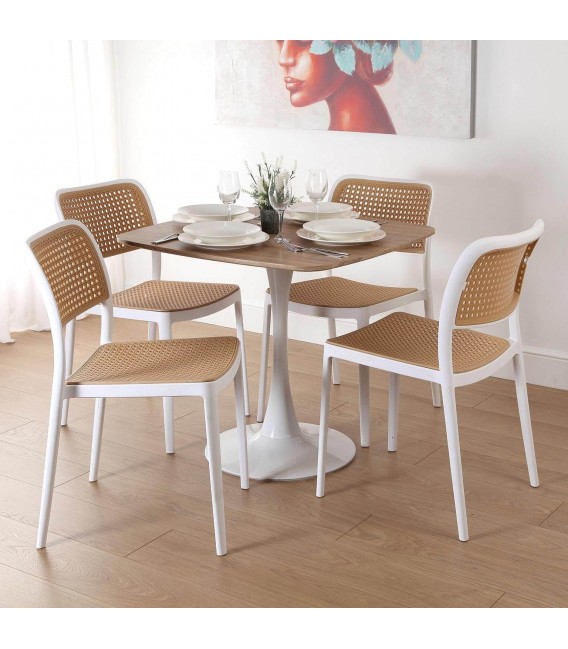 Silla de comedor, apilable, blanca y natural