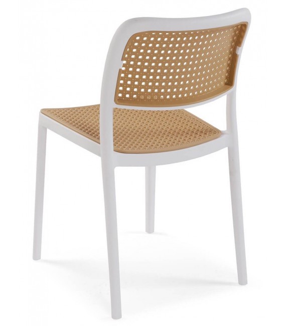 Silla de comedor, apilable, blanca y natural