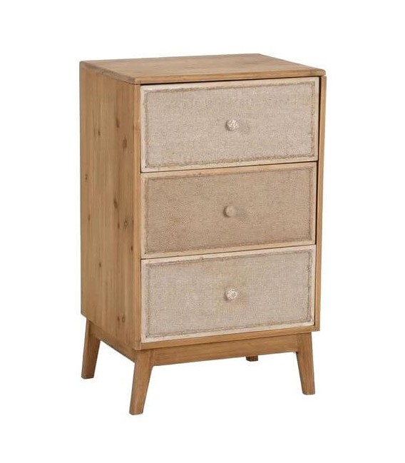 Mesita de noche madera natural y tela de saco, estilo colonial