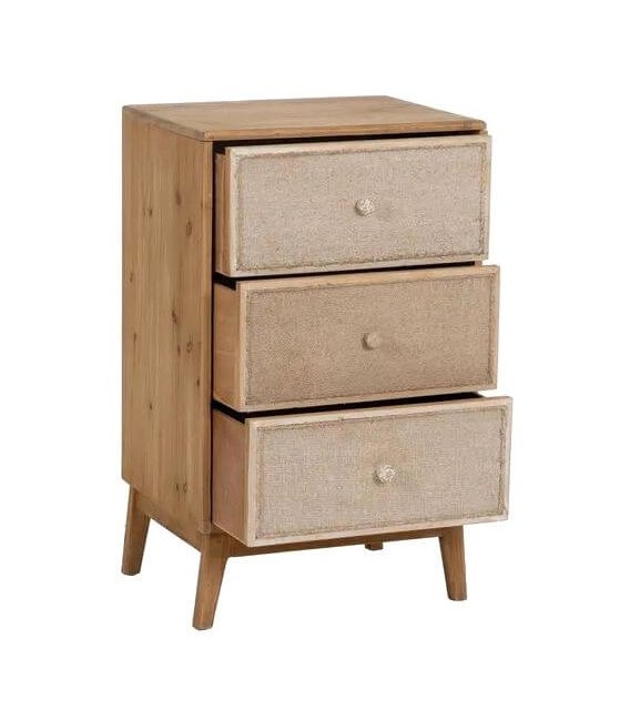 Mesita de noche madera natural y tela de saco, estilo colonial