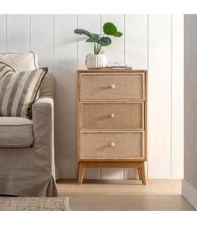 Mesita de noche madera natural y tela de saco, estilo colonial