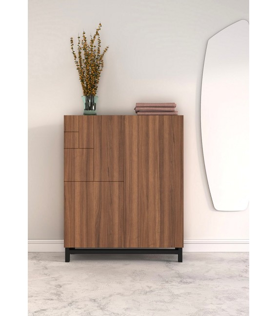 Zapatero 18 pares melamina nogal y madera lacada en negro