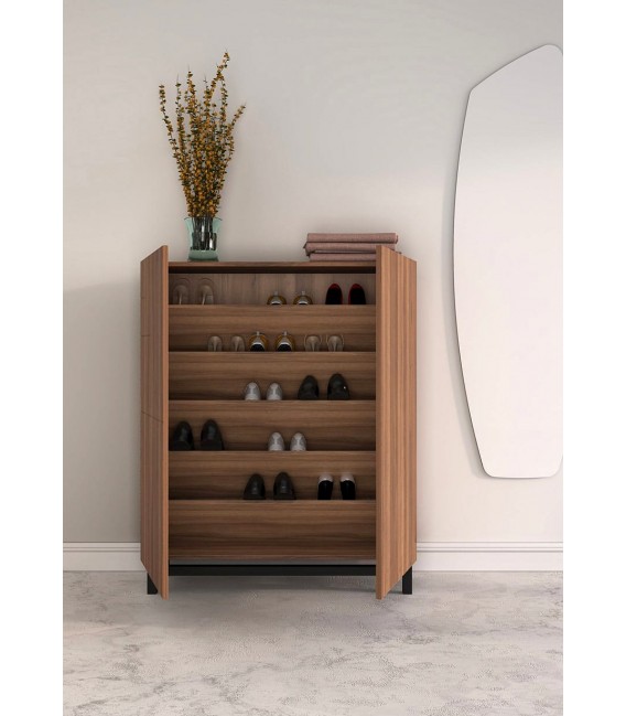 Zapatero 18 pares melamina nogal y madera lacada en negro