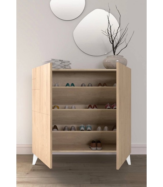 Mueble zapatero melamina roble natural, y laca blanca, para 16 pares.