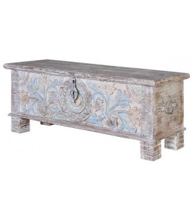 Baúl madera de mango tallado a mano acabado en tonos pastel