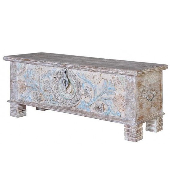 Baúl madera de mango tallado a mano acabado en tonos pastel