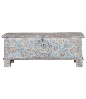 Baúl madera de mango tallado a mano acabado en tonos pastel