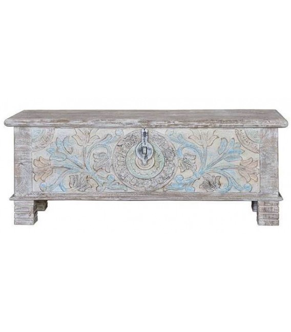 Baúl madera de mango tallado a mano acabado en tonos pastel