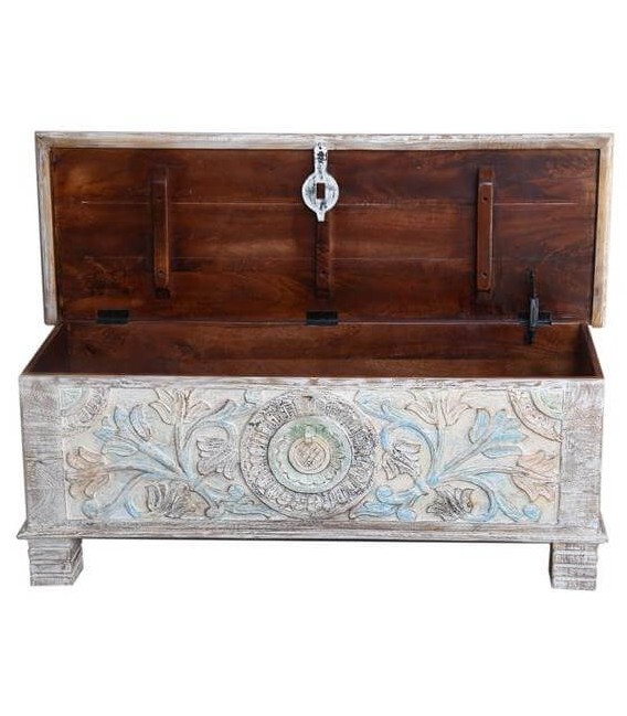 Baúl madera de mango tallado a mano acabado en tonos pastel