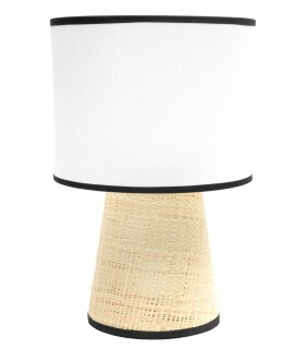 Lámpara de sobremesa cañizo natural textil blanco ribeteados negro