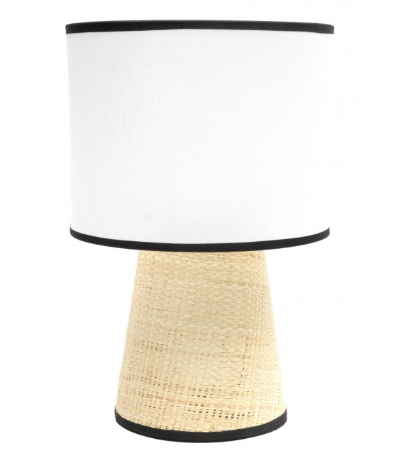 Lámpara de sobremesa cañizo natural textil blanco ribeteados negro