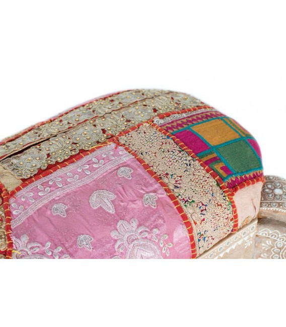BANQUETA MADERA NATURAL DECORADA A MANO TEJIDO PATCHWORK