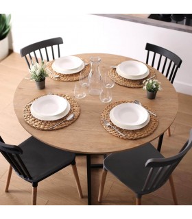 MESA DE COMEDOR REDONDA GRANDE MADERA MDF ROBLE METAL NEGRO