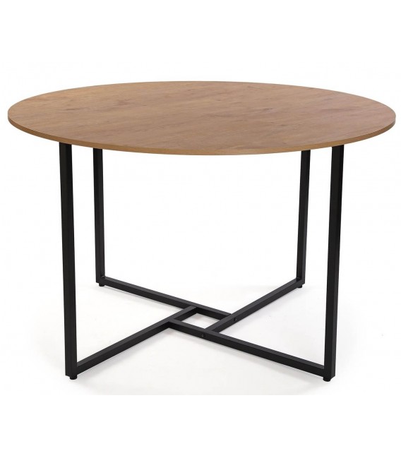 MESA DE COMEDOR REDONDA GRANDE MADERA MDF ROBLE METAL NEGRO