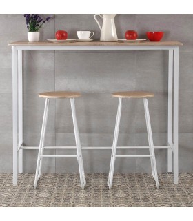 JUEGO DE MESA ALTA Y 2 TABURETES MELAMINA ROBLE METAL BLANCO