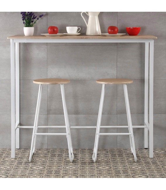 JUEGO DE MESA ALTA Y 2 TABURETES MELAMINA ROBLE METAL BLANCO