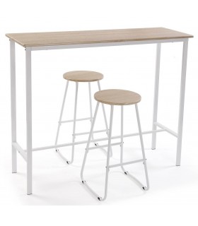 JUEGO DE MESA ALTA Y 2 TABURETES MELAMINA ROBLE METAL BLANCO