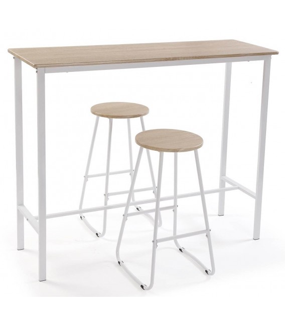 JUEGO DE MESA ALTA Y 2 TABURETES MELAMINA ROBLE METAL BLANCO