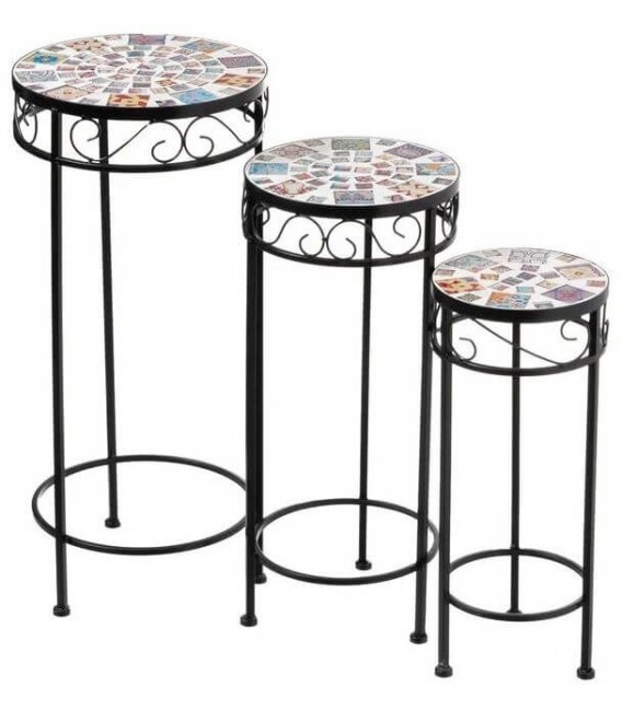 SET 3 PEDESTALES BARIO METAL NEGRO CERAMICA COLLAGE MDMHOGAR
