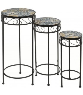 SET 3 PEDESTALES METAL Y CERAMICA GRIS Y OCRE MDMHOGAR