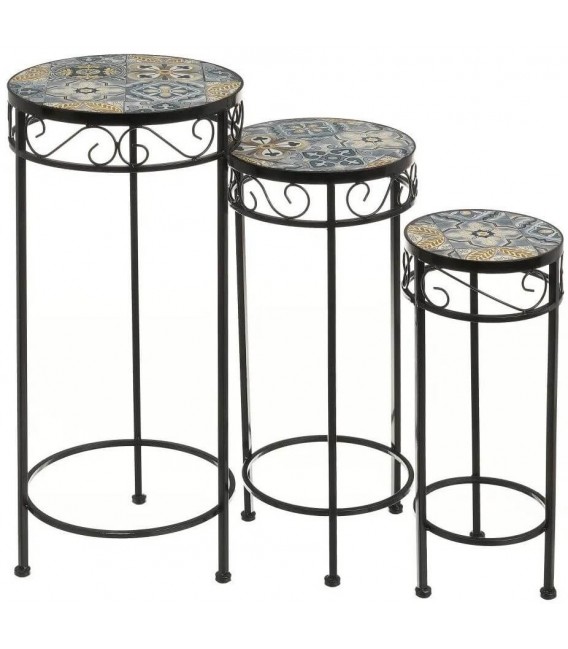 SET 3 PEDESTALES METAL Y CERAMICA GRIS Y OCRE MDMHOGAR