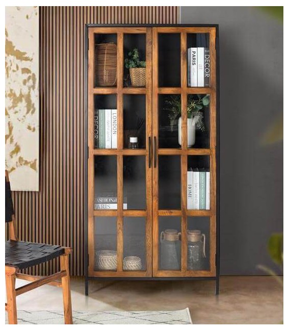 VITRINA METAL NEGRO MADERA MANGO NATURAL MDMHOGAR