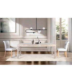MESA DE COMEDOR RECTANGULAR GRANDE MADERA BLANCA TALLADA Y CRISTAL