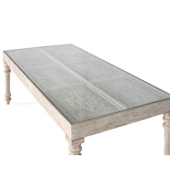 MESA DE COMEDOR RECTANGULAR GRANDE MADERA BLANCA TALLADA Y CRISTAL