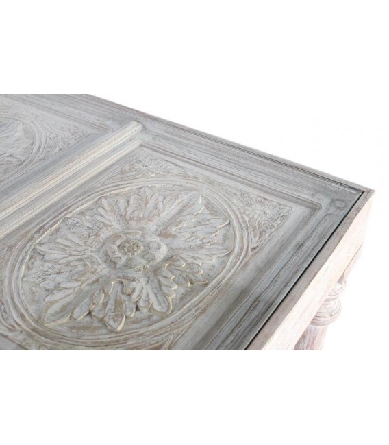 MESA DE COMEDOR RECTANGULAR GRANDE MADERA BLANCA TALLADA Y CRISTAL