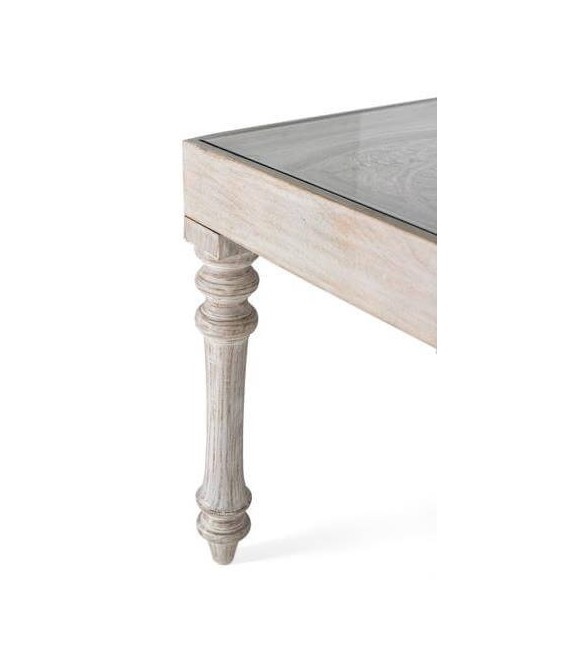 MESA DE COMEDOR RECTANGULAR GRANDE MADERA BLANCA TALLADA Y CRISTAL