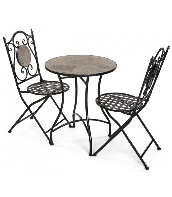SET MESA Y 2 SILLAS JARDIN POGi METAL NEGRO CERAMICA IMITACION MADERA